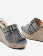  Papuci Albastri din denim decorate cu gaici și cu împletituri pe pană înaltă Pioressa
