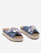  Papuci Albaștri pe Platformă în Stil Boho cu Aplicații și Împletitură Rissona