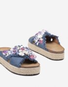  Papuci Albaștri pe Platformă în Stil Boho cu Aplicații și Împletitură Rissona