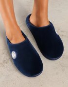  Papuci bleumarin pe talpă plată decorate cu blană în stil de miel Mairelle