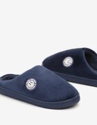  Papuci bleumarin pe talpă plată decorate cu blană în stil de miel Mairelle