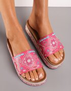  Papuci Fucsia Boho pe platformă joasă decorați cu împletitură și strasuri Giratsa