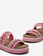  Papuci Fucsia din Piele Ecologică cu Ținte Bogat Decorate cu Zirconii și Sclipici Obiuma