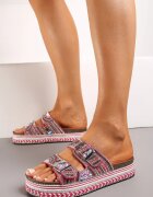  Papuci Fucsia pe Talpă Groasă Decorate cu Model Boho cu Zirconii și Catarame Meepka
