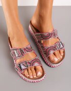  Papuci Fucsia pe Talpă Groasă Decorate cu Model Boho cu Zirconii și Catarame Meepka