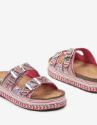  Papuci Fucsia pe Talpă Groasă Decorate cu Model Boho cu Zirconii și Catarame Meepka