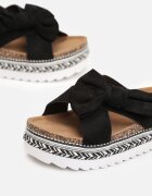  Papuci Negre cu fundiță din material textil și platformă decorativă Inaile