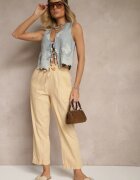 pesail Pantaloni Bej din Bumbac High Waist cu Legătură Tyswia