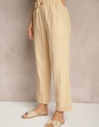 pesail Pantaloni Bej din Bumbac High Waist cu Legătură Tyswia