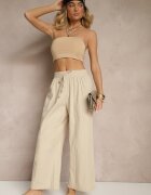 pesail Pantaloni Bej Talie înaltă Largi din bumbac cu cordon în talie cu elastic în talie Yaslio