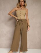 pesail Pantaloni Maro deschis High Waist Largi din bumbac Cu cordon în talie Cu elastic în talie Yaslio