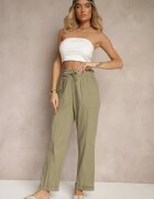 pesail Pantaloni Verde închis din Bumbac Talie înaltă cu Legătură Tyswia