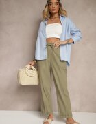 pesail Pantaloni Verde închis din Bumbac Talie înaltă cu Legătură Tyswia