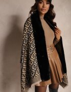  Poncho Negru din Viscoză cu Imprimeu Geometric cu Blăniță Miavira