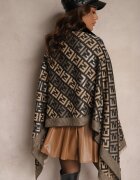  Poncho Negru din Viscoză cu Imprimeu Geometric cu Blăniță Miavira