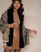  Poncho Negru din Viscoză cu Imprimeu Geometric cu Blăniță Miavira