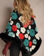  Poncho Negru din Viscoză Decorat cu Aplicații din Blană în formă de Flori Lealithwen