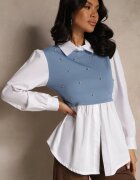 pretty Bluză Albastră tip cămașă cu Viscoză cu Croi Evazat și Vestă Cusută Uliadorella