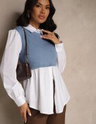 pretty Bluză Albastră tip cămașă cu Viscoză cu Croi Evazat și Vestă Cusută Uliadorella