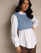 pretty Bluză Albastră tip cămașă cu Viscoză cu Croi Evazat și Vestă Cusută Uliadorella