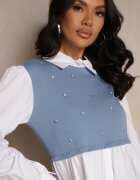 pretty Bluză Albastră tip cămașă cu Viscoză cu Croi Evazat și Vestă Cusută Uliadorella