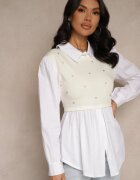 pretty Bluză cămașă bej deschis din vâscoză cu croi evazat cu vestă cusută Uliadorella