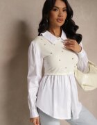 pretty Bluză cămașă bej deschis din vâscoză cu croi evazat cu vestă cusută Uliadorella