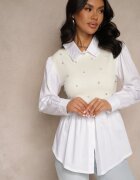 pretty Bluză cămașă bej deschis din vâscoză cu croi evazat cu vestă cusută Uliadorella