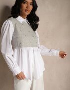 pretty Bluză-Cămașă Gri cu Viscoză cu Croială Cloș cu Vestă Incorporată Uliadorella