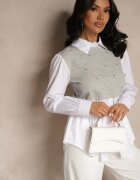 pretty Bluză-Cămașă Gri cu Viscoză cu Croială Cloș cu Vestă Incorporată Uliadorella