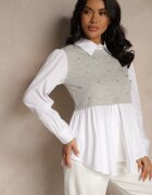 pretty Bluză-Cămașă Gri cu Viscoză cu Croială Cloș cu Vestă Incorporată Uliadorella