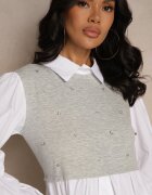 pretty Bluză-Cămașă Gri cu Viscoză cu Croială Cloș cu Vestă Incorporată Uliadorella