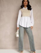 pretty Bluză tip cămașă bej din vâscoză cu croi evazat și vestă cusută Uliadorella