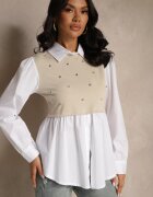 pretty Bluză tip cămașă bej din vâscoză cu croi evazat și vestă cusută Uliadorella