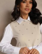 pretty Bluză tip cămașă bej din vâscoză cu croi evazat și vestă cusută Uliadorella