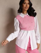 pretty Bluză tip cămașă roz cu viscoză cu croială cloș și cu vestă integrată Uliadorella