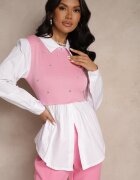 pretty Bluză tip cămașă roz cu viscoză cu croială cloș și cu vestă integrată Uliadorella