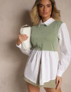 pretty Bluză tip cămașă Verde cu Viscoză cu Croi Evazat cu Vestă Cusută Uliadorella
