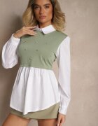 pretty Bluză tip cămașă Verde cu Viscoză cu Croi Evazat cu Vestă Cusută Uliadorella