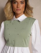 pretty Bluză tip cămașă Verde cu Viscoză cu Croi Evazat cu Vestă Cusută Uliadorella