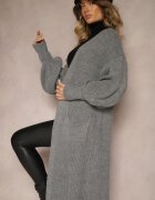 pretty Cardigan Gri Lung cu Mânecă Bufantă Mesho