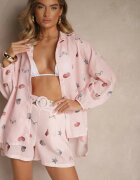 pretty Compleu Roz din Vascoză Cămașă și Pantaloni scurți cu Imprimeu Marin Reisoria