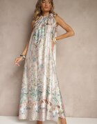pretty Rochie Albă din Satin Decorată cu Model Floral și Legătură Fenalesa