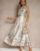 pretty Rochie Albă din Satin Decorată cu Model Floral și Legătură Fenalesa
