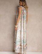 pretty Rochie Albă din Satin Decorată cu Model Floral și Legătură Fenalesa