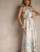 pretty Rochie Albă din Satin Decorată cu Model Floral și Legătură Fenalesa