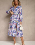 pretty Rochie albastră cu Imprimeu Floral cu Croială Cloș și Decolteu în V Janellia
