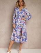 pretty Rochie albastră cu Imprimeu Floral cu Croială Cloș și Decolteu în V Janellia