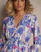 pretty Rochie albastră cu Imprimeu Floral cu Croială Cloș și Decolteu în V Janellia