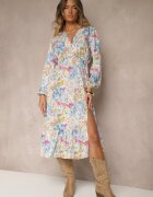 pretty Rochie Albastră deschisă cu Imprimeu Floral Croi Cloș și Decolteu în V Janellia